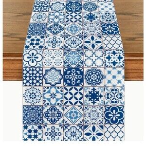 Bohemian Retro Table Runner 13x72in Blue and White Woven Polyester